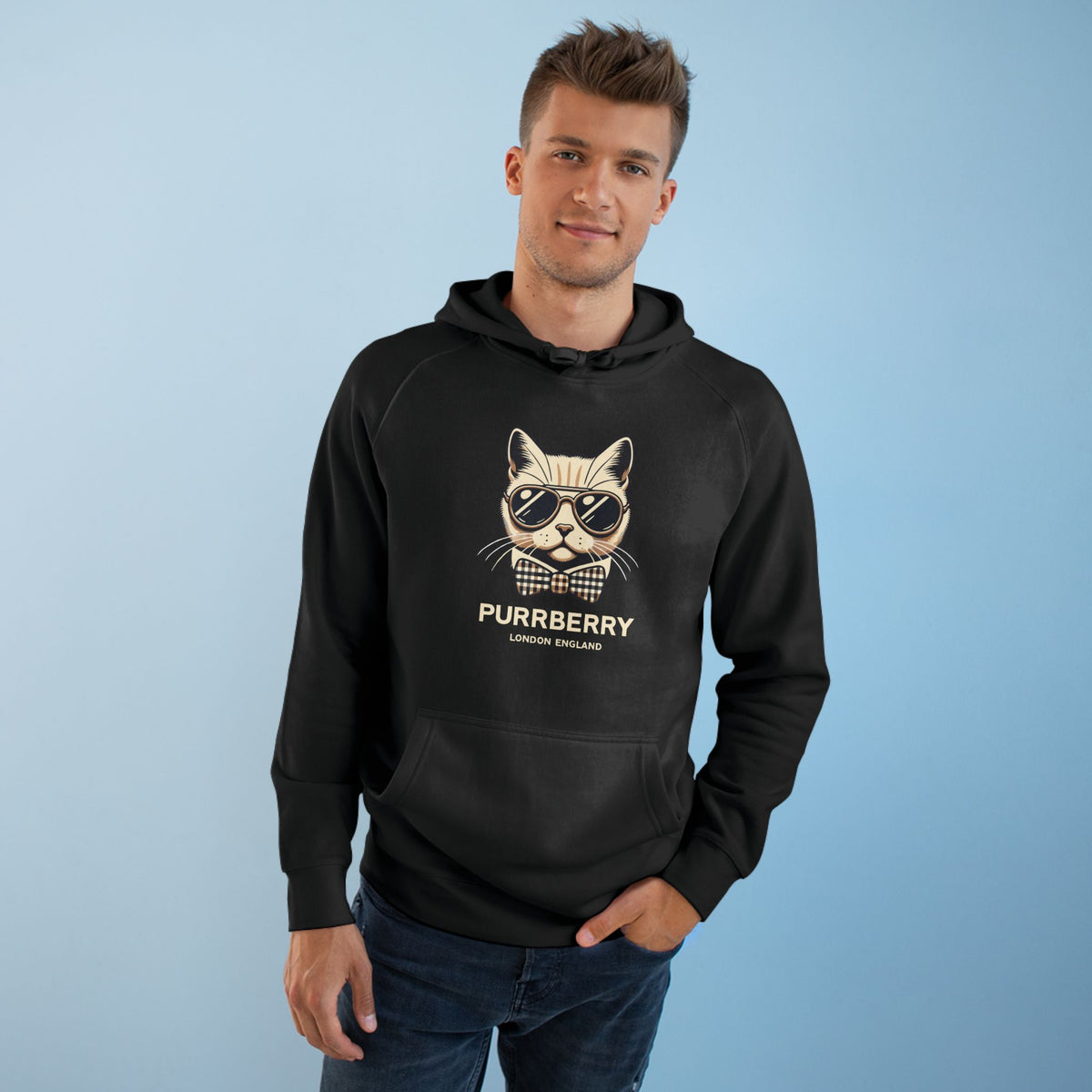 Purrberry Bowtie Icon Cat Graphic Hoodie in black, worn by a male model
