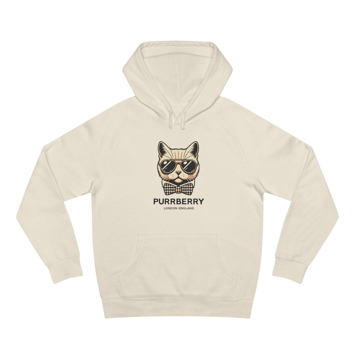 Purrberry Bowtie Icon Cat Graphic Hoodie in ecru, front view