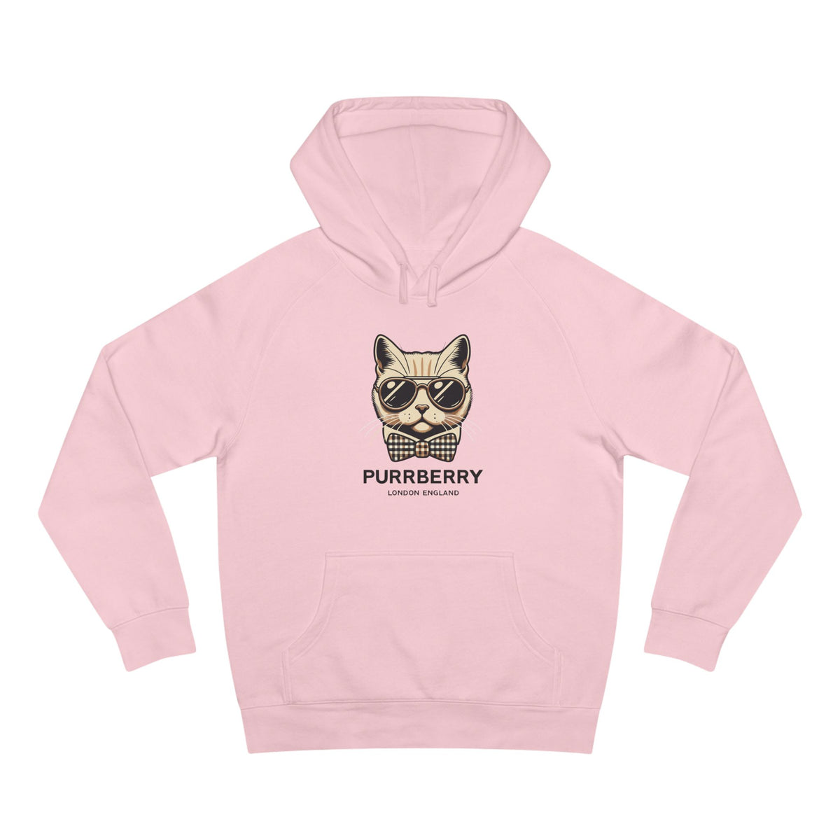 Purrberry Bowtie Icon Cat Graphic Hoodie in pink, front view