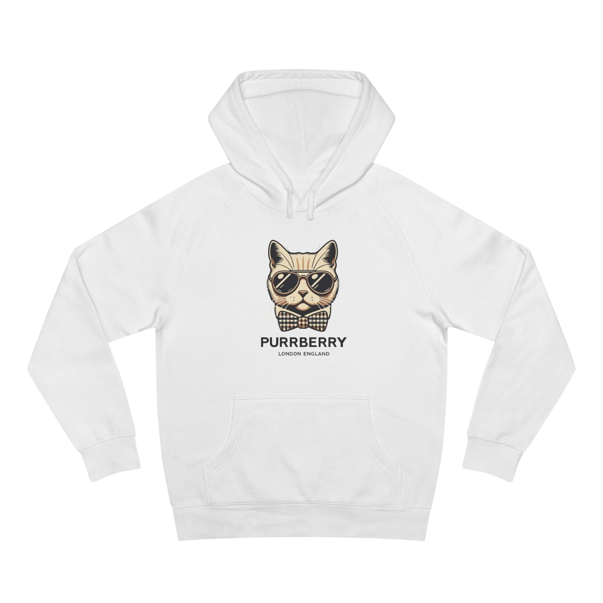 Purrberry Bowtie Icon Cat Graphic Hoodie in white, front view