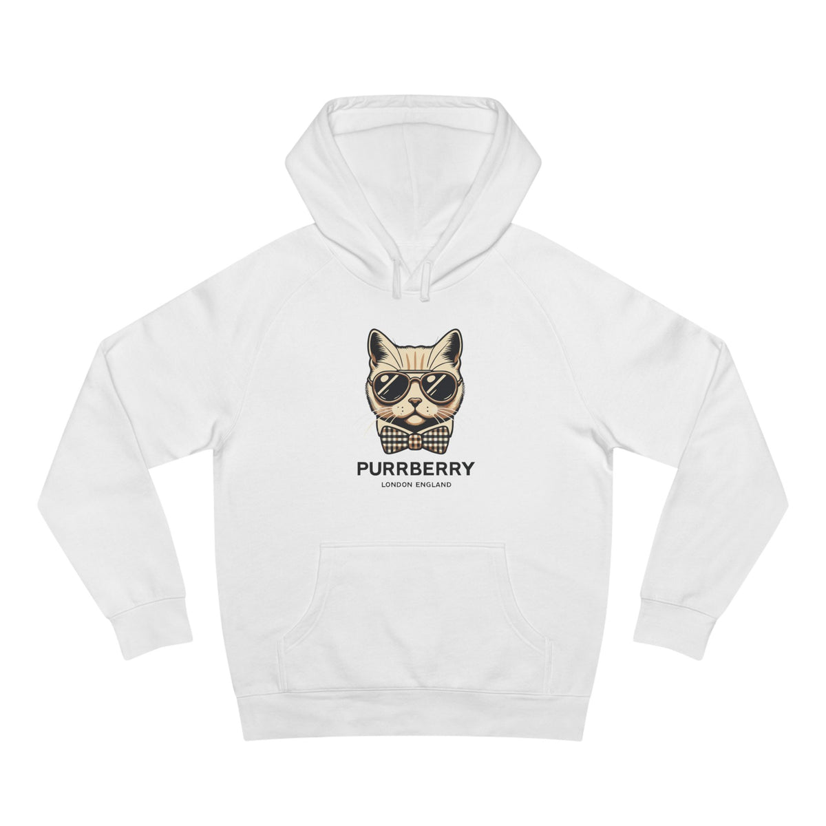Purrberry Bowtie Icon Cat Graphic Hoodie in white, front view