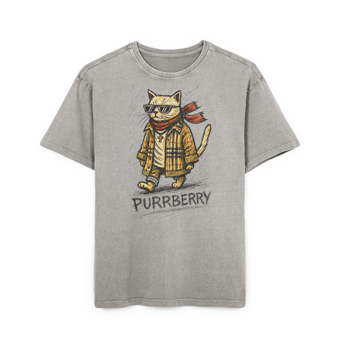 Purrberry Catwalk Icon Graphic Acid Wash Oversized T-Shirt in asphalt, front view