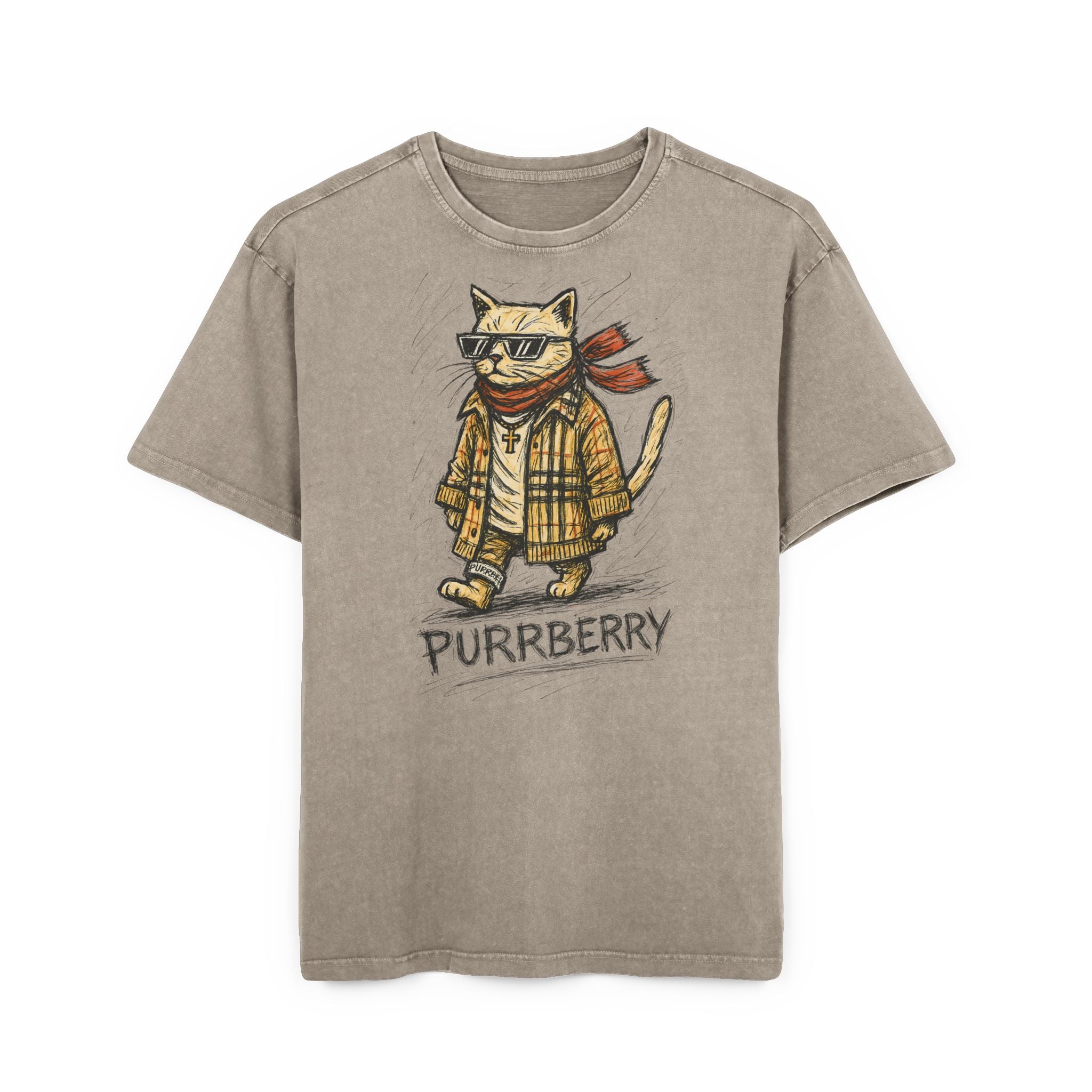 Purrberry Catwalk Icon Graphic Acid Wash Oversized T-Shirt in dark khaki, front view