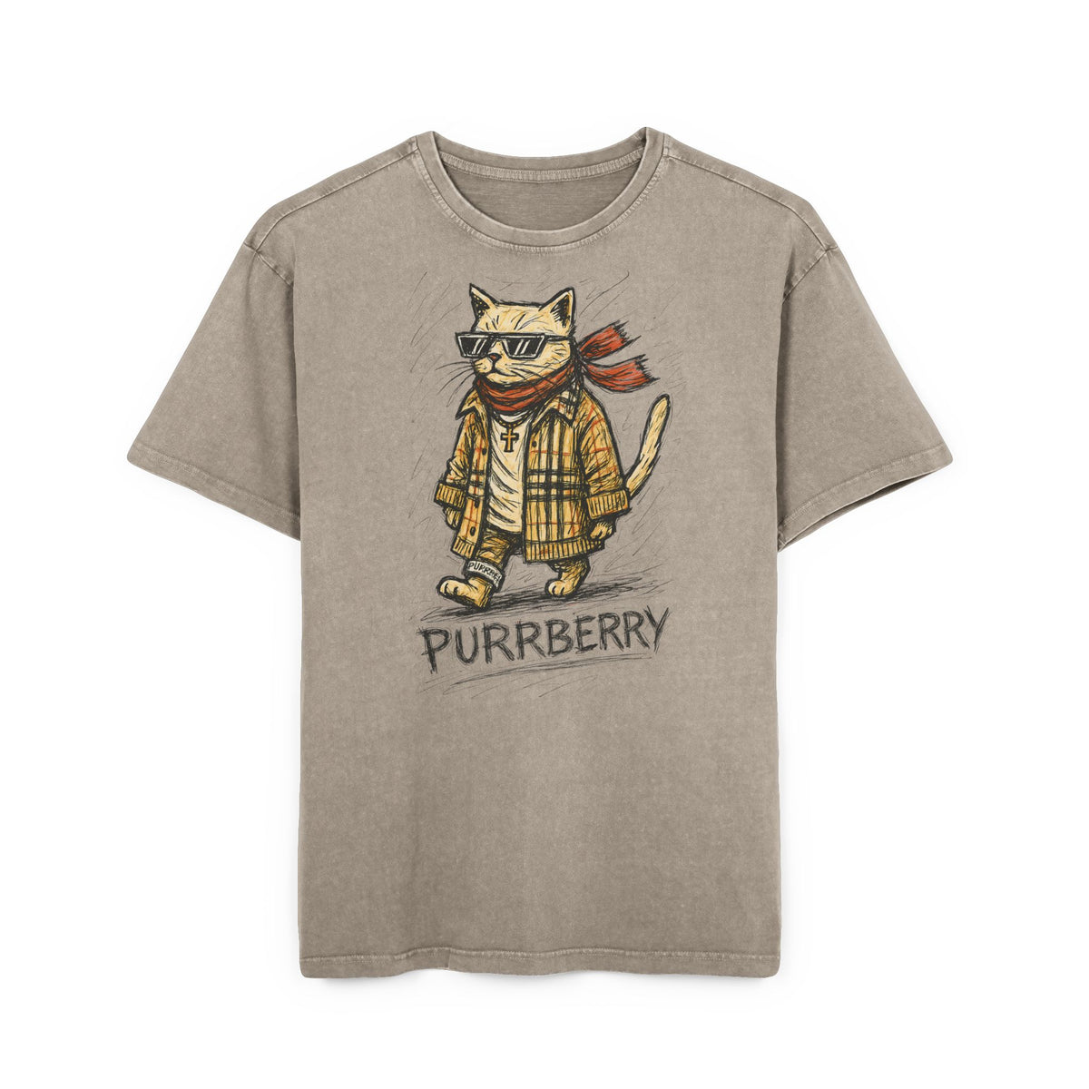 Purrberry Catwalk Icon Graphic Acid Wash Oversized T-Shirt in dark khaki, front view