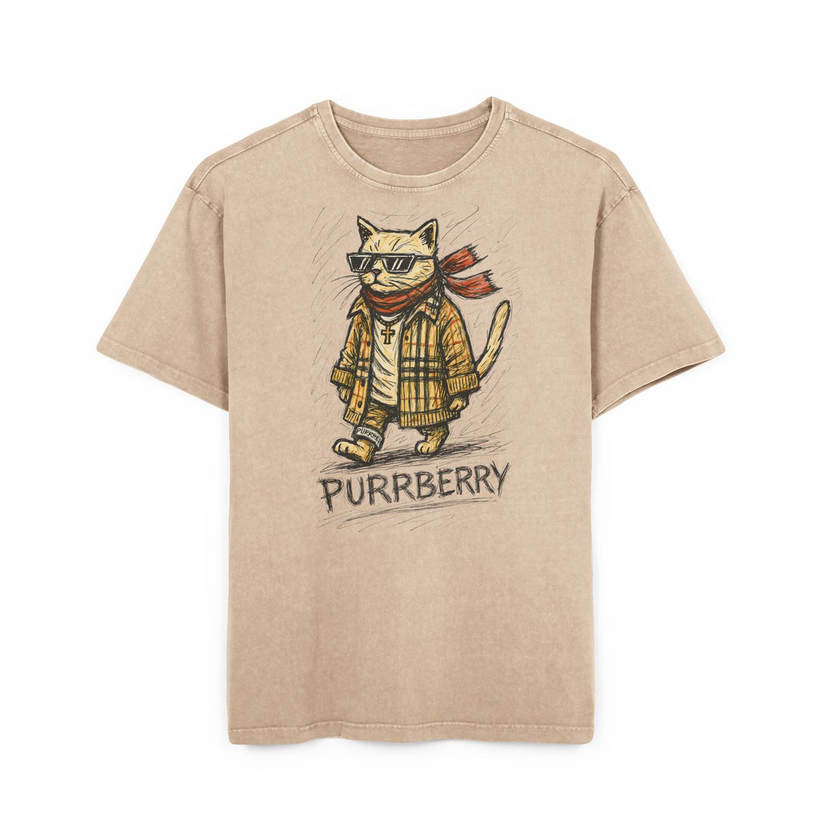 Purrberry Catwalk Icon Graphic Acid Wash Oversized T-Shirt in union beige, front view