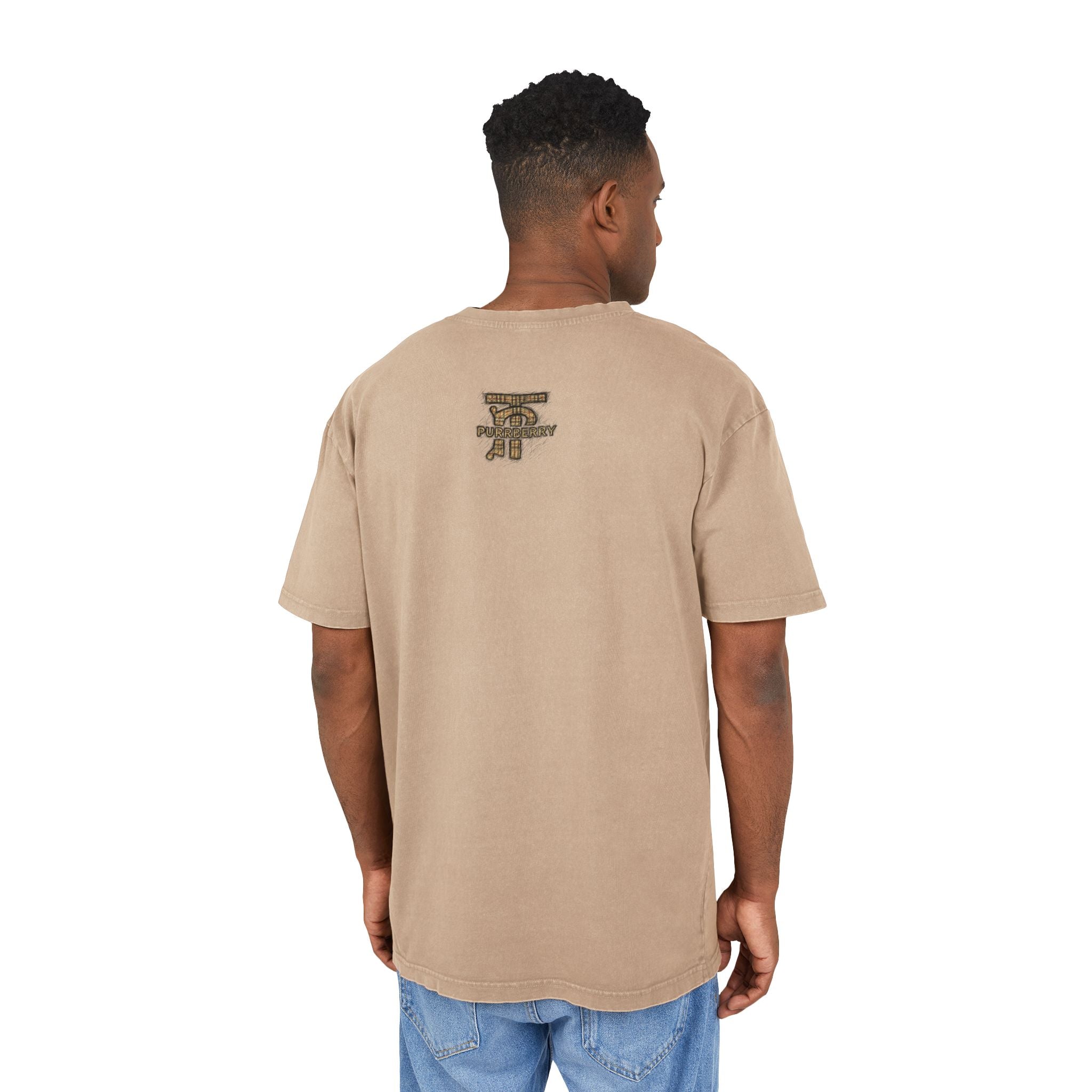 Purrberry Catwalk Icon Graphic Acid Wash Oversized T-Shirt in union beige, back view on a model