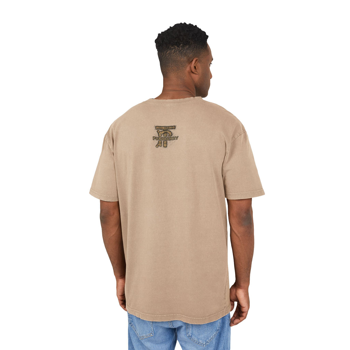 Purrberry Catwalk Icon Graphic Acid Wash Oversized T-Shirt in union beige, back view on a model