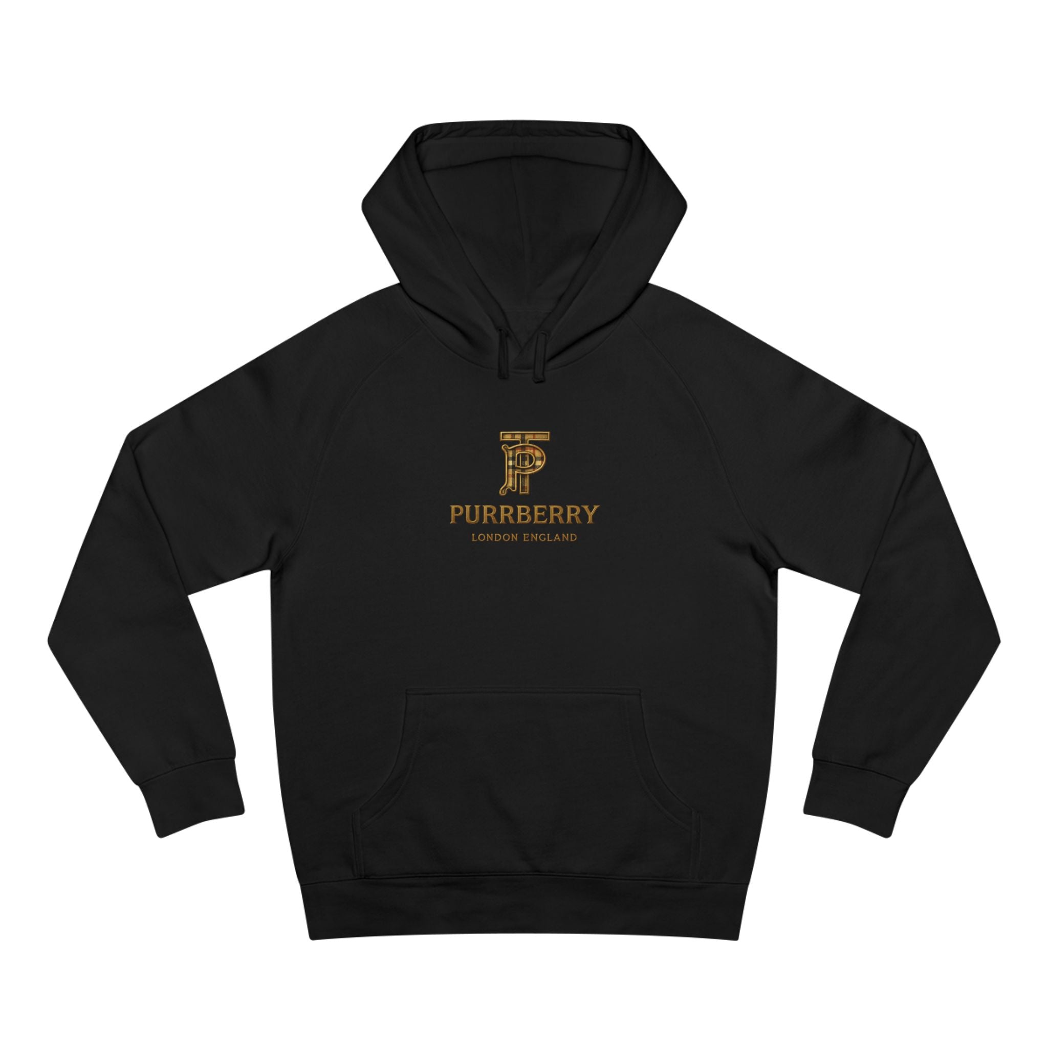 Purrberry Chest Logo Steampunk Couture Cat Graphic Hoodie in black, front view