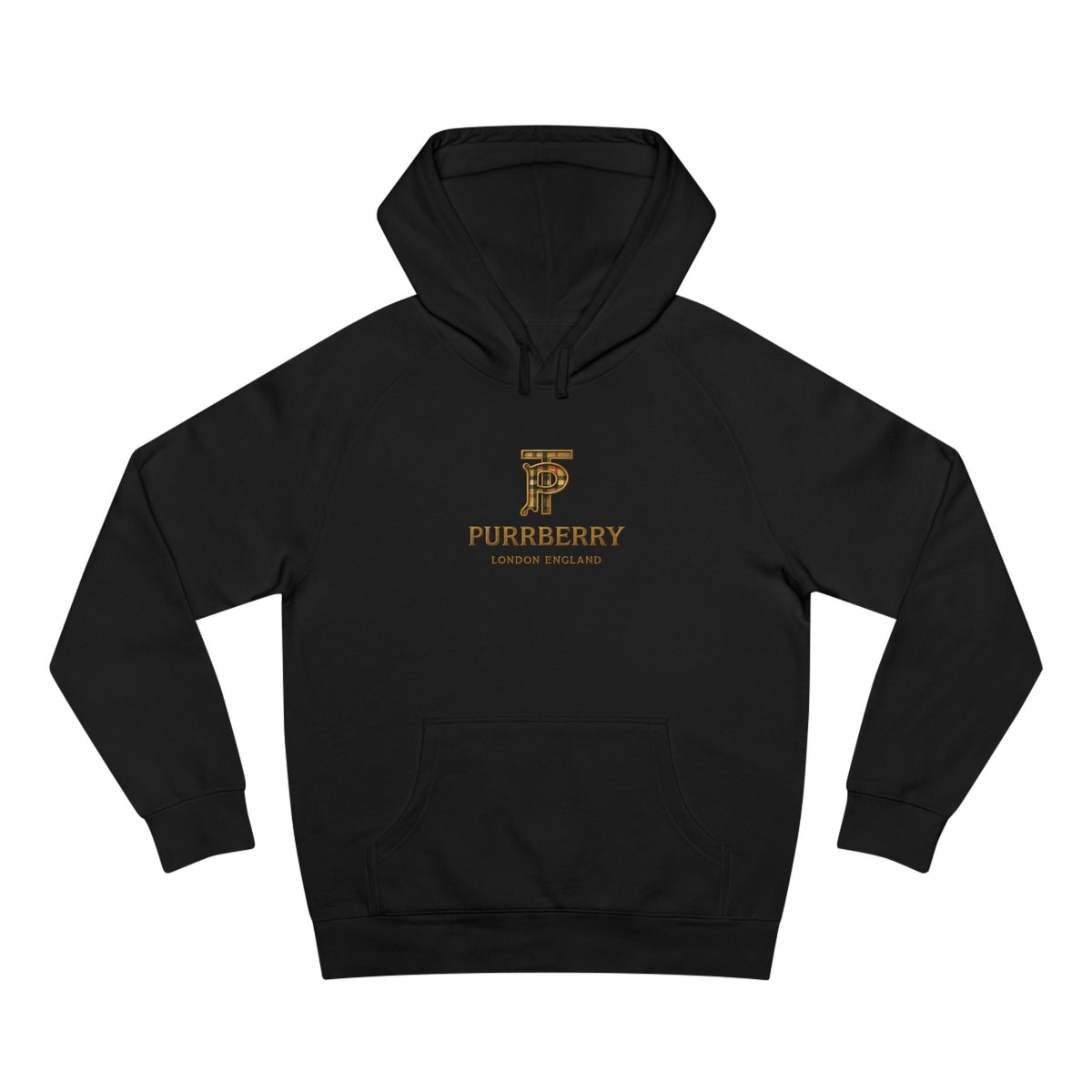 Purrberry Chest Logo Steampunk Couture Cat Graphic Hoodie in black, front view