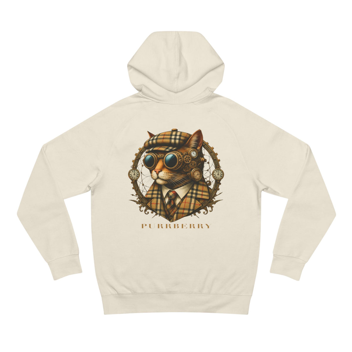 Purrberry Chest Logo Steampunk Couture Cat Graphic Hoodie in ecru, back view