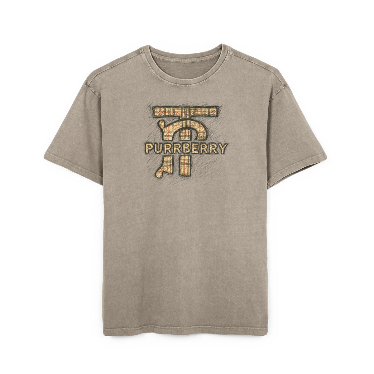 Purrberry Chest Sketch Logo Back Cat Graphic Acid Wash Oversized T-Shirt in dark khaki, back view