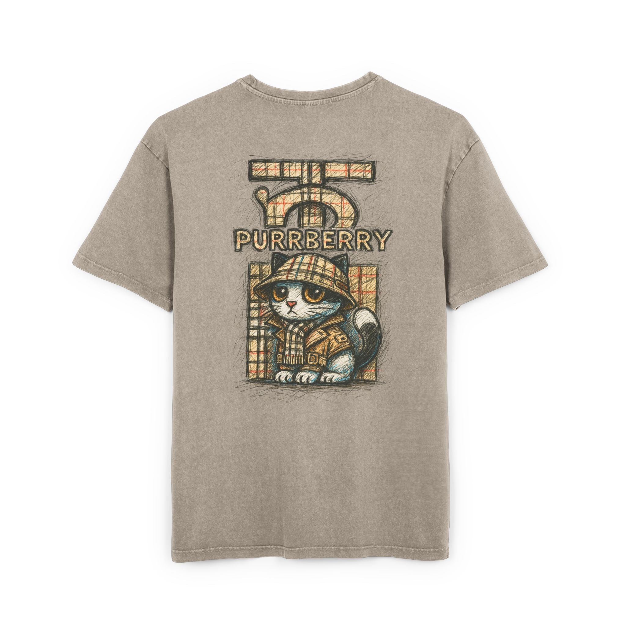 Purrberry Chest Sketch Logo Back Cat Graphic Acid Wash Oversized T-Shirt in dark khaki, back view
