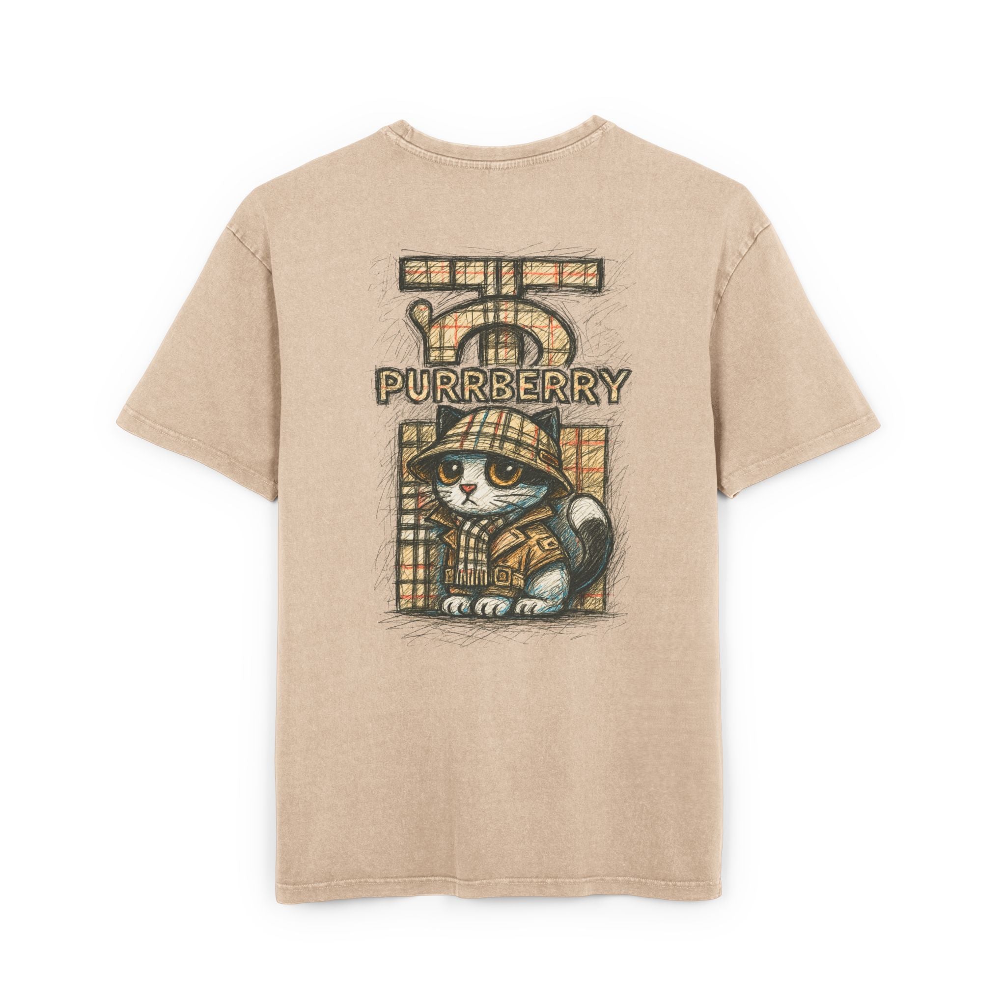 Purrberry Chest Sketch Logo Back Cat Graphic Acid Wash Oversized T-Shirt in union beige, back view