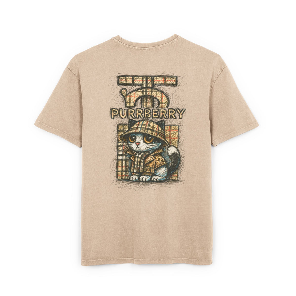 Purrberry Chest Sketch Logo Back Cat Graphic Acid Wash Oversized T-Shirt in union beige, back view