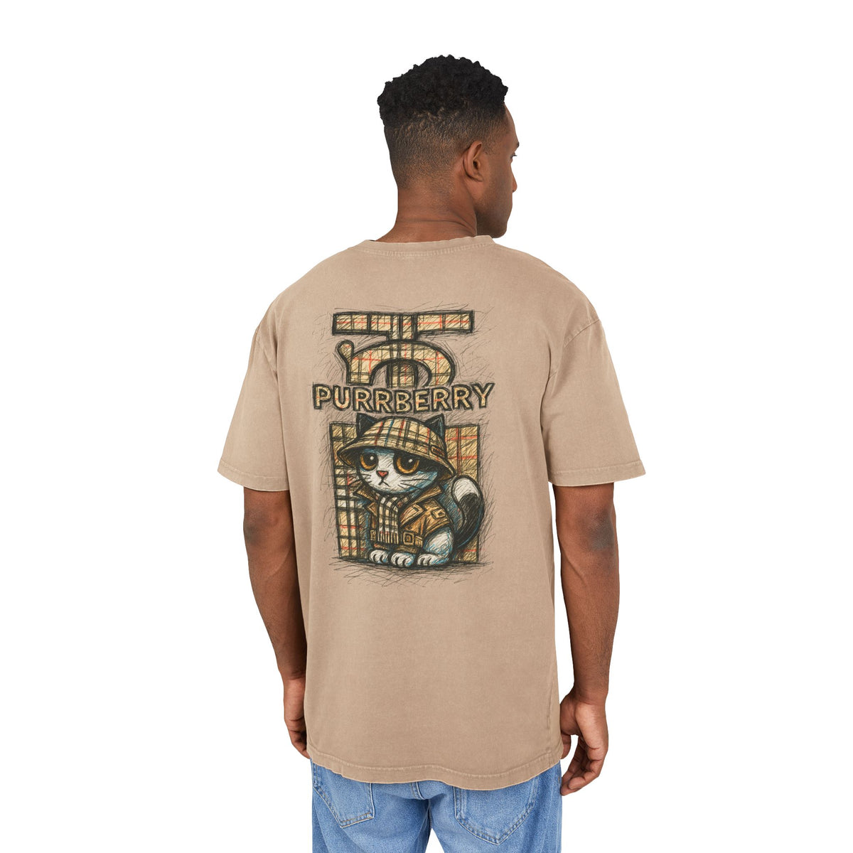 Purrberry Chest Sketch Logo Back Cat Graphic Acid Wash Oversized T-Shirt in union beige, back view on a model