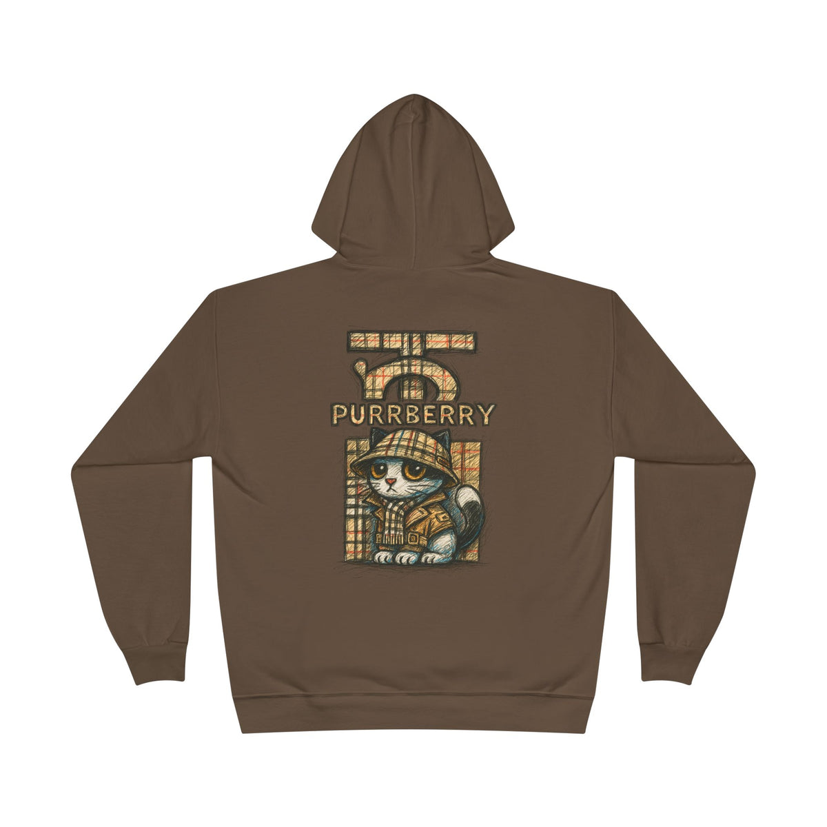 Purrberry Chest Sketch Logo Back Cat Graphic Hoodie in army brown, back view