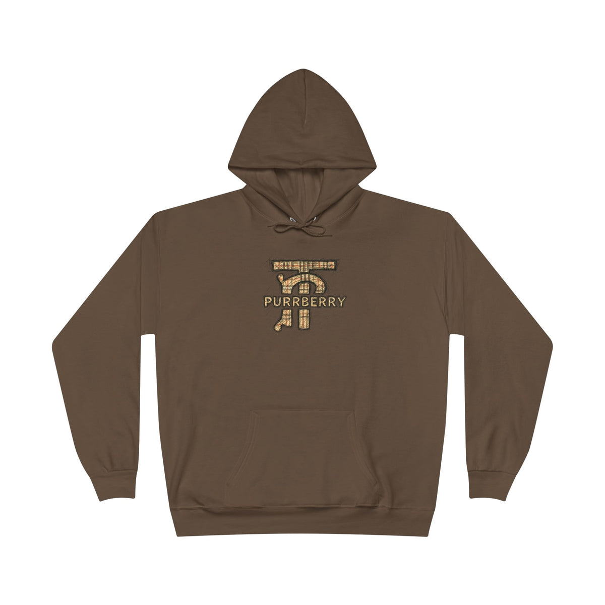 Purrberry Chest Sketch Logo Back Cat Graphic Hoodie in army brown, front view