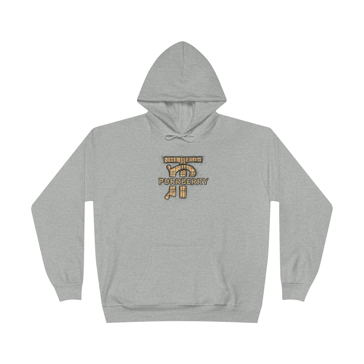 Purrberry Chest Sketch Logo Back Cat Graphic Hoodie in light steel, front view