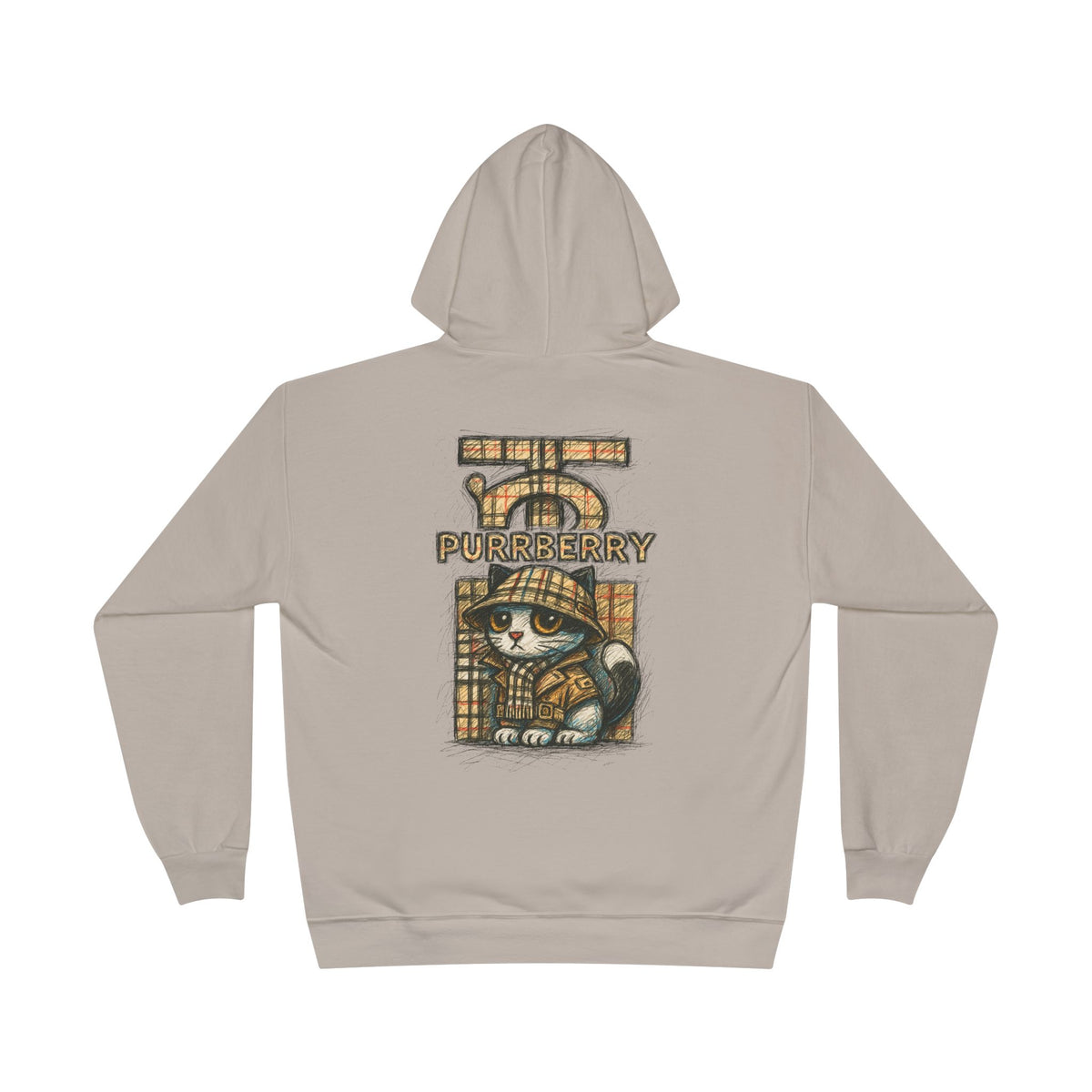 Purrberry Chest Sketch Logo Back Cat Graphic Hoodie in sand, back view