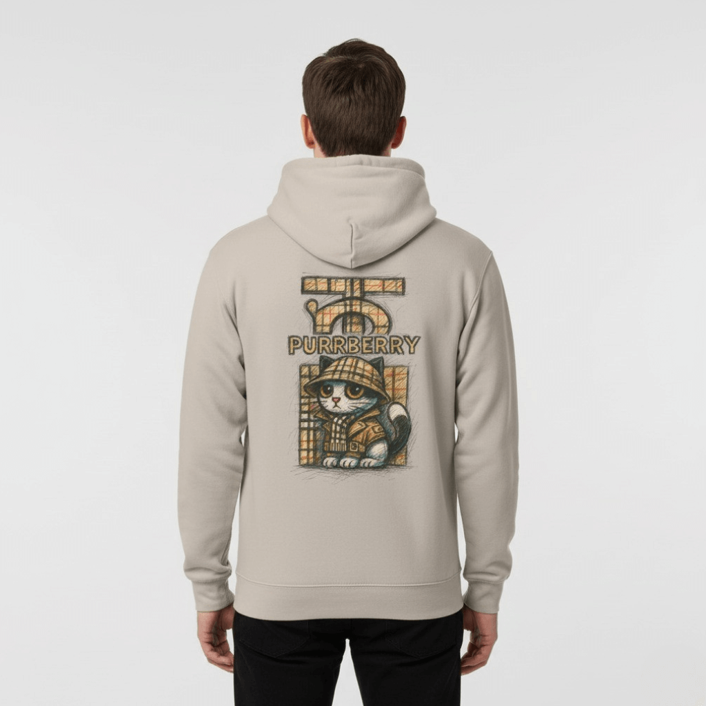 Purrberry Chest Sketch Logo Back Cat Graphic Hoodie in sand, back view on a male model