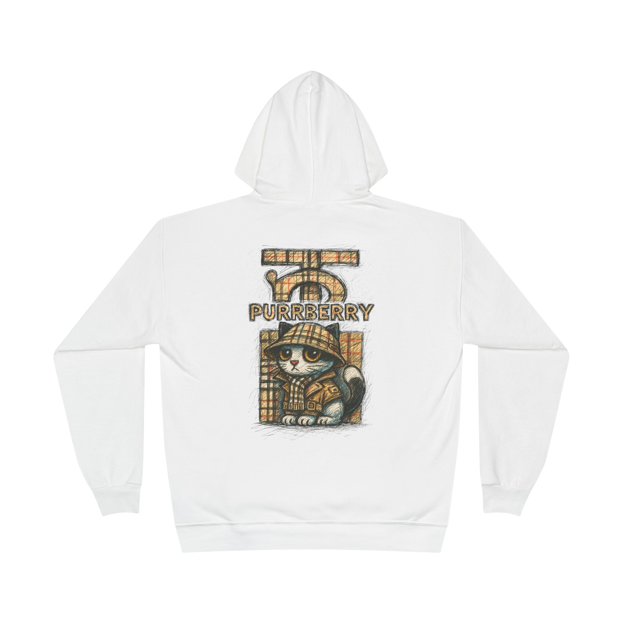 Purrberry Chest Sketch Logo Back Cat Graphic Hoodie in white, back view