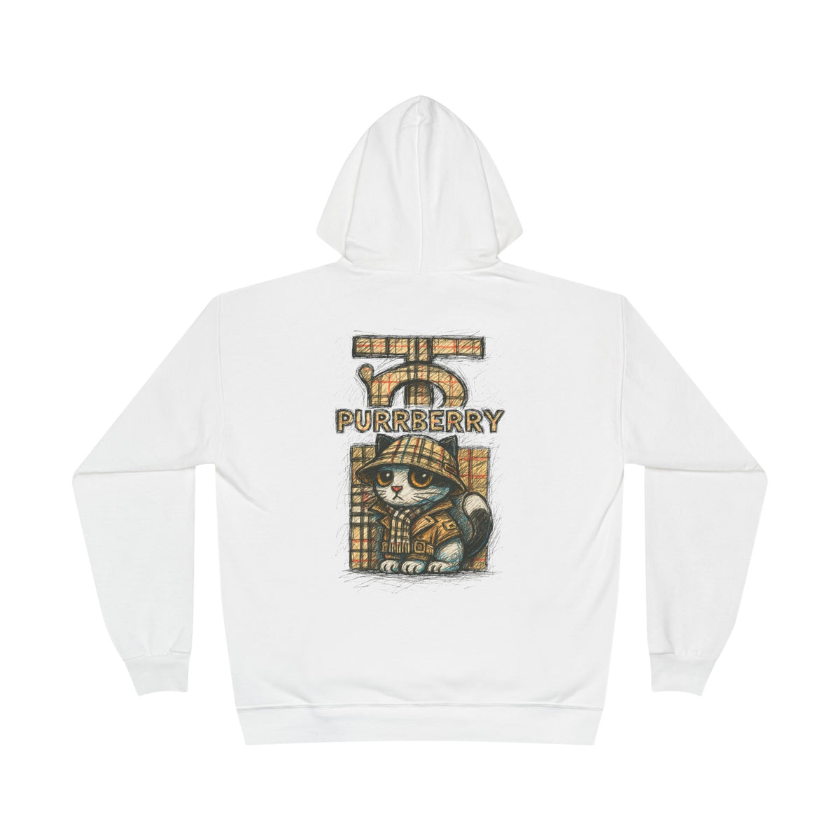 Purrberry Chest Sketch Logo Back Cat Graphic Hoodie in white, back view