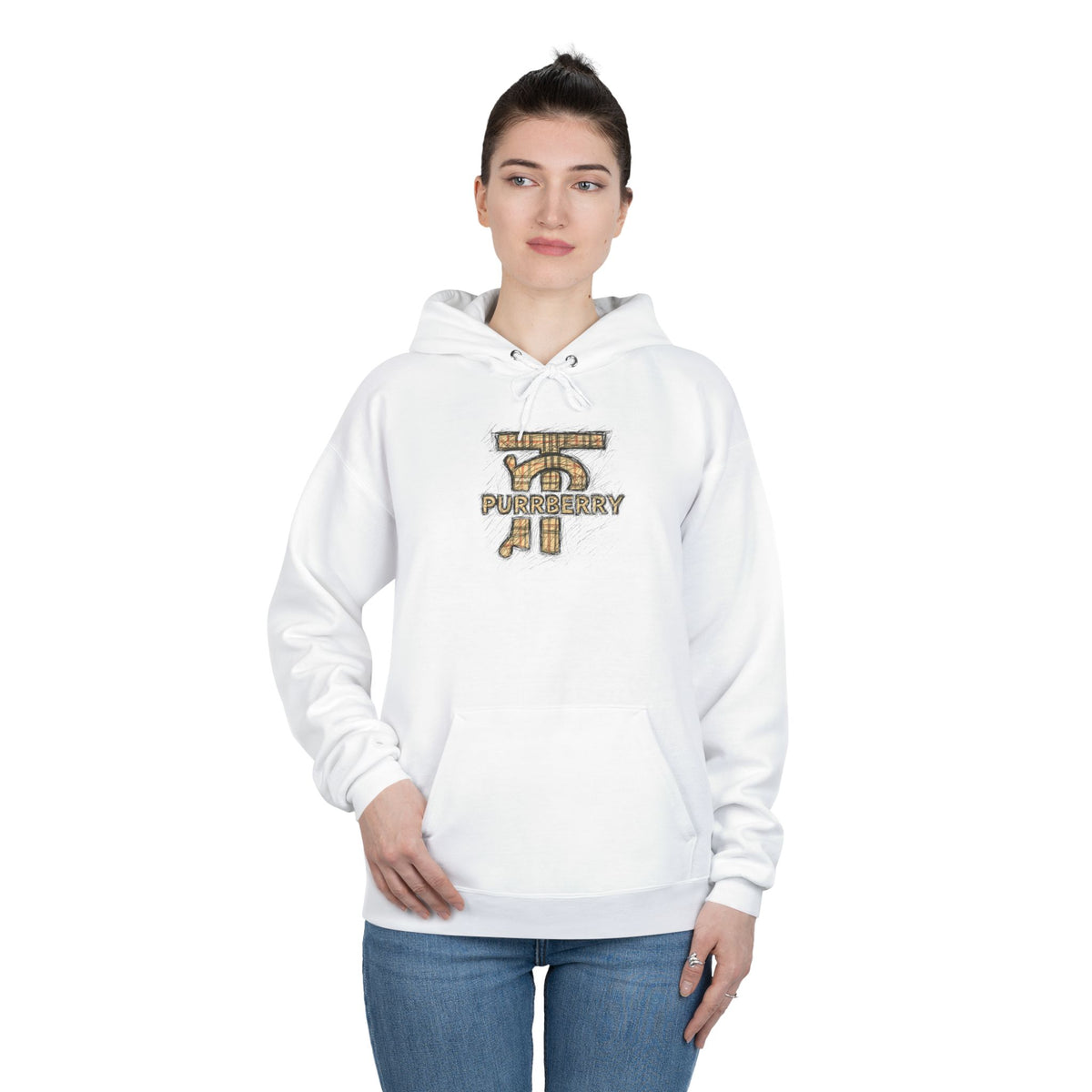 Purrberry Chest Sketch Logo Back Cat Graphic Hoodie in white, worn by a female model