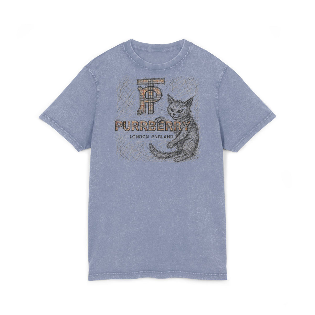 Purrberry Heritage Sketch Logo Acid Washed Cat Graphic T-Shirt in vintage blue, front view