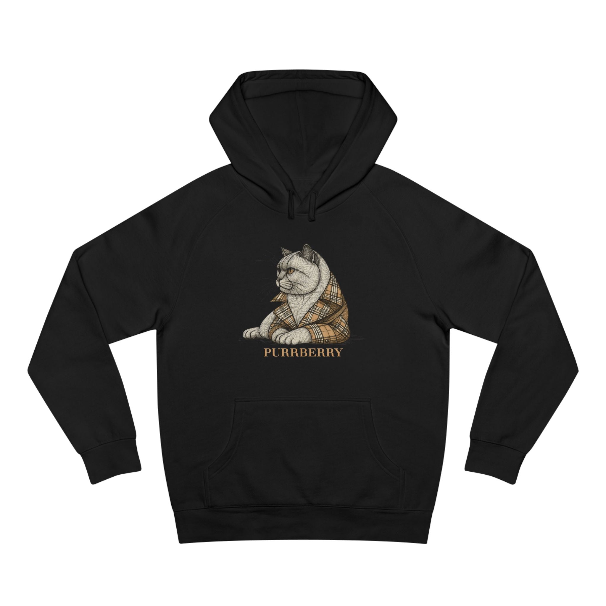 Purrberry London Coat Club Cat Graphic Hoodie in black, front view