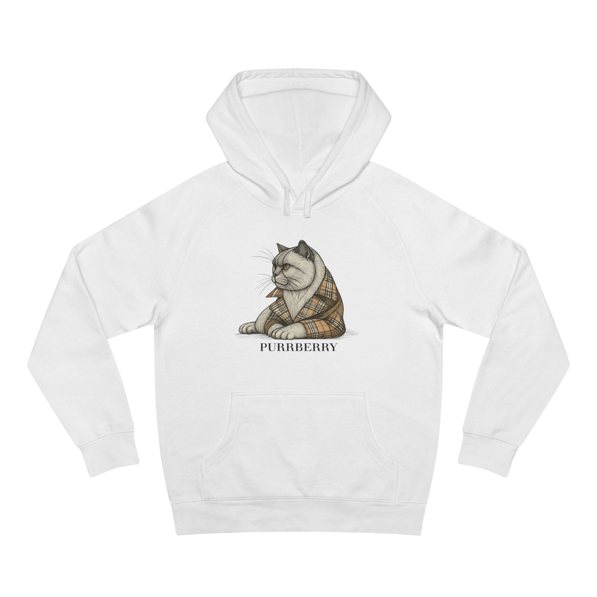 Purrberry London Coat Club Cat Graphic Hoodie in white, front view