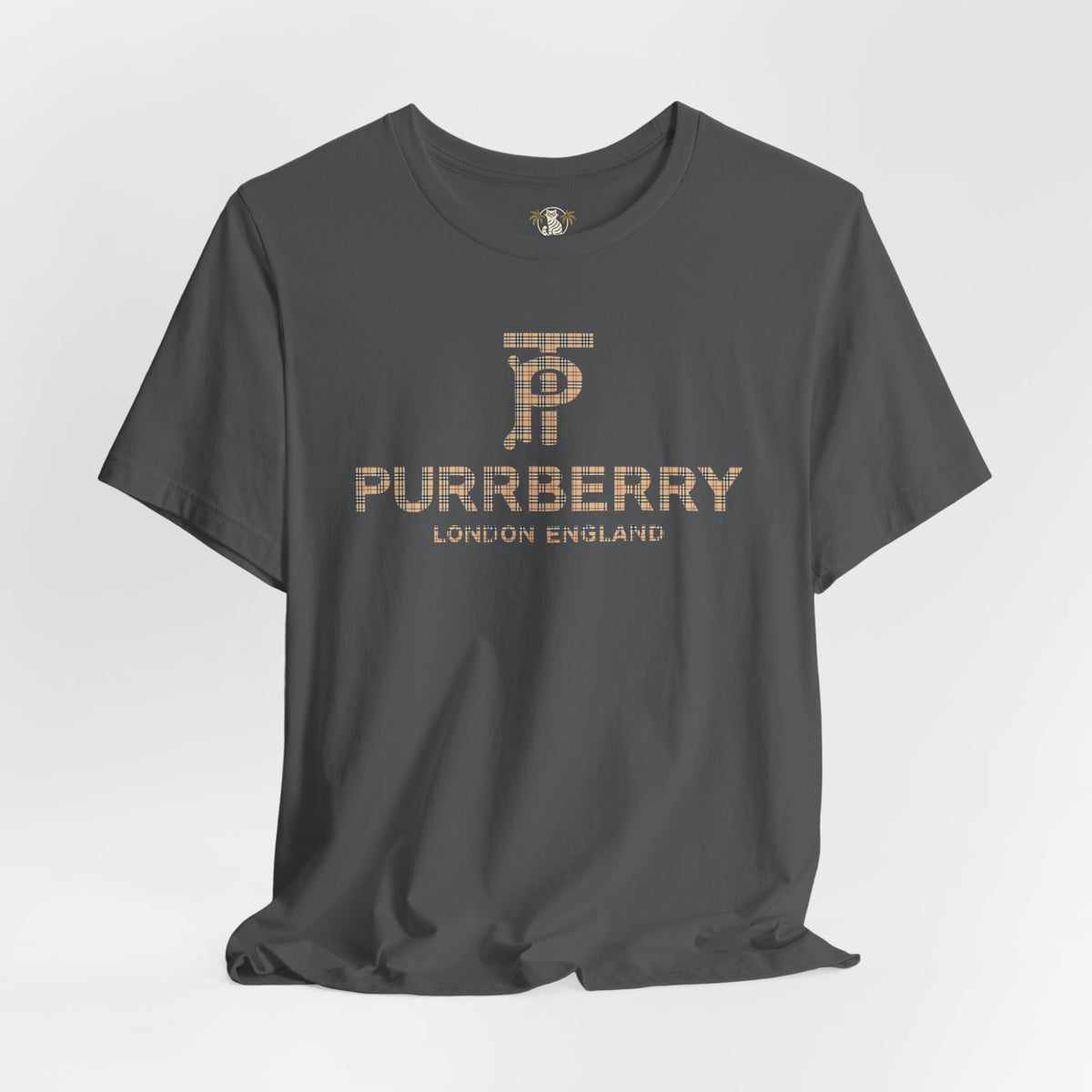 Purrberry London Coat Club Cat Graphic T-Shirt in asphalt, flat lay