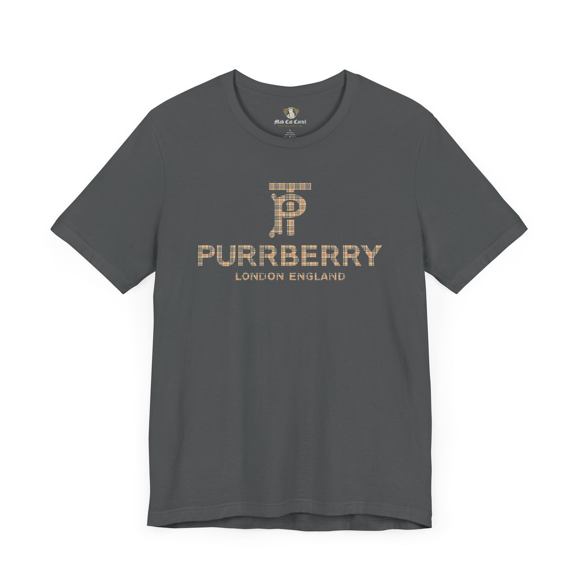 Purrberry London Coat Club Cat Graphic T-Shirt in asphalt, front view
