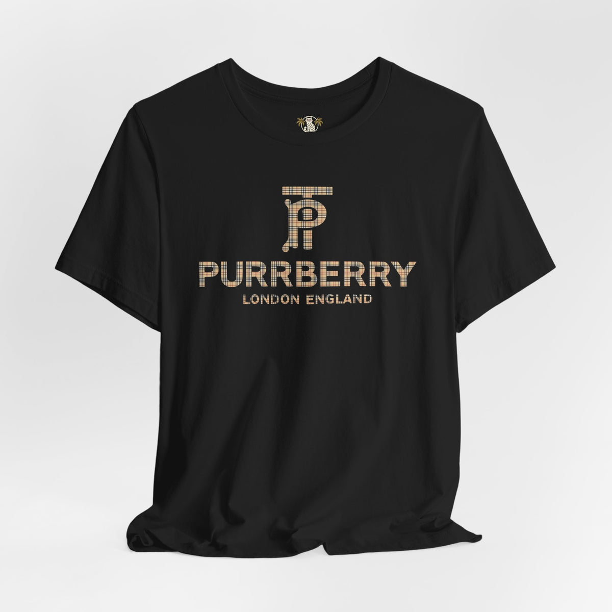 Purrberry London Coat Club Cat Graphic T-Shirt in black, flat lay