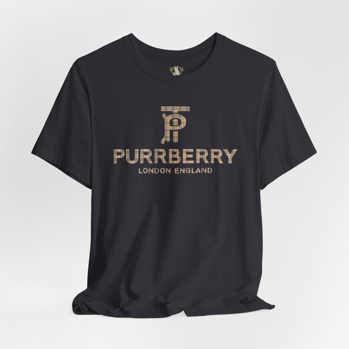 Purrberry London Coat Club Cat Graphic T-Shirt in black, flat lay