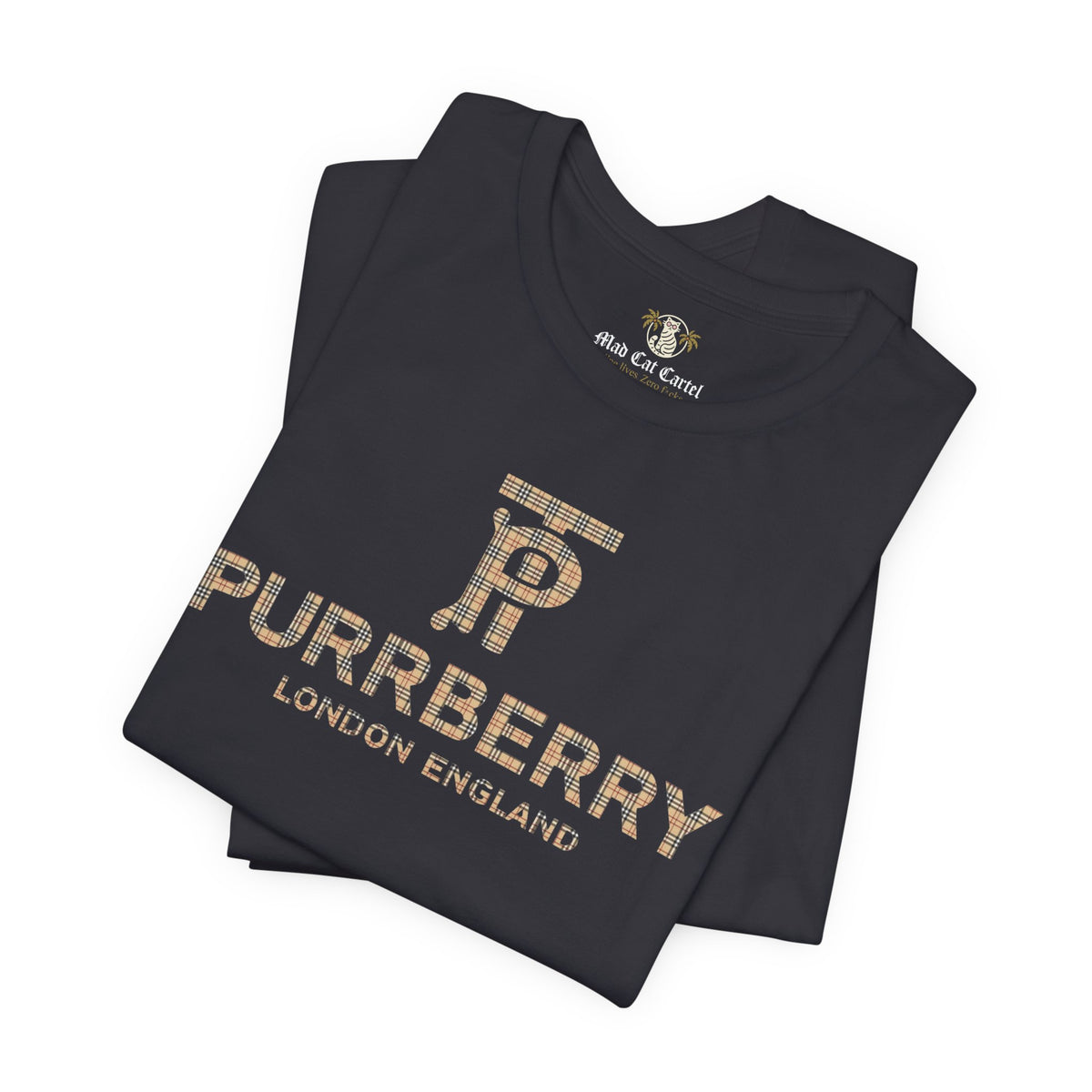 Purrberry London Coat Club Cat Graphic T-Shirt in black, folded