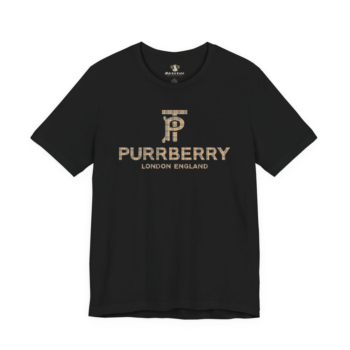 Purrberry London Coat Club Cat Graphic T-Shirt in black, front view