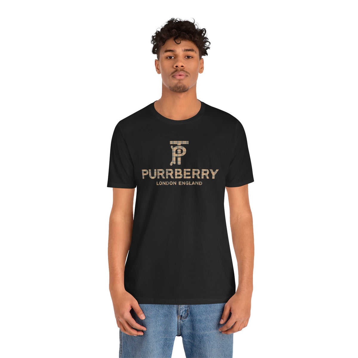 Purrberry London Coat Club Cat Graphic T-Shirt in black, worn by a male model