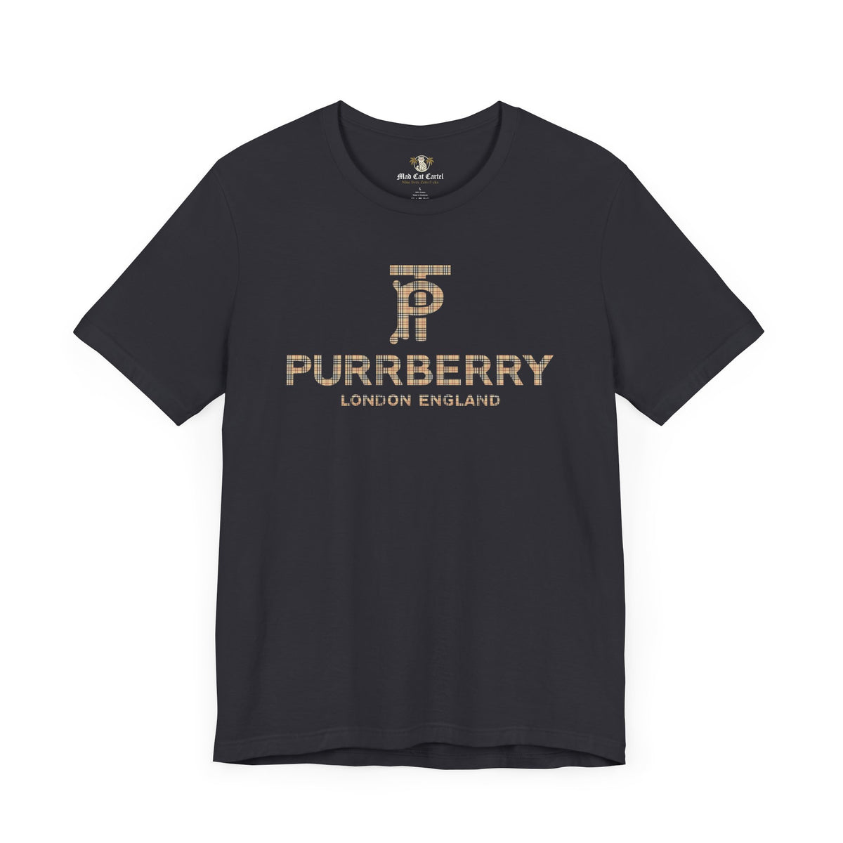 Purrberry London Coat Club Cat Graphic T-Shirt in dark grey, front view