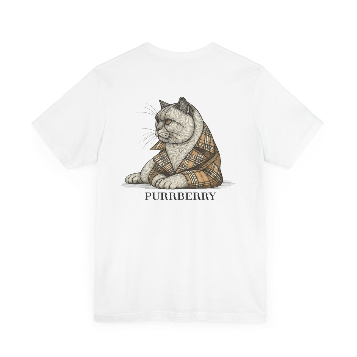 Purrberry London Coat Club Cat Graphic T-Shirt in white, back view