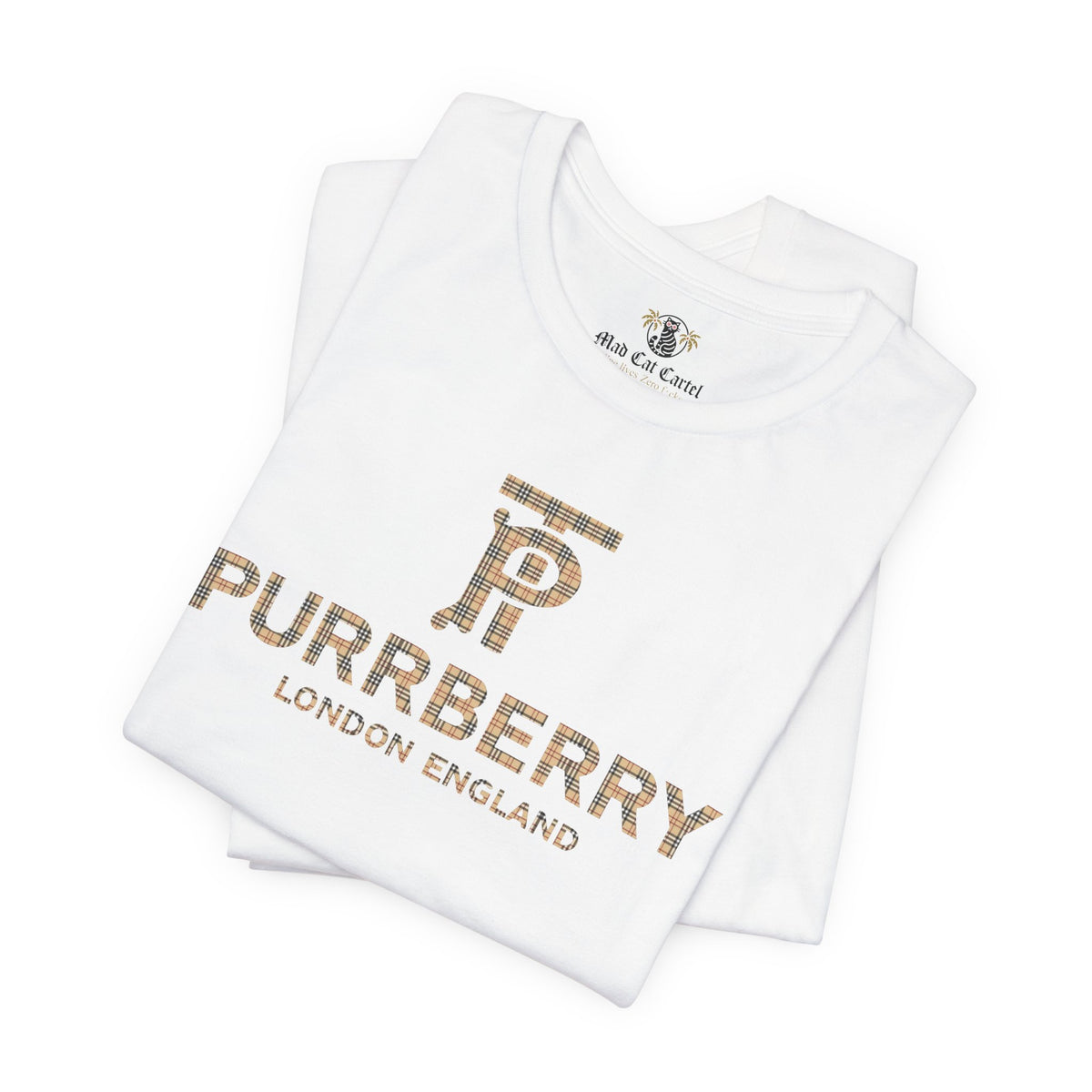 Purrberry London Coat Club Cat Graphic T-Shirt in white, folded