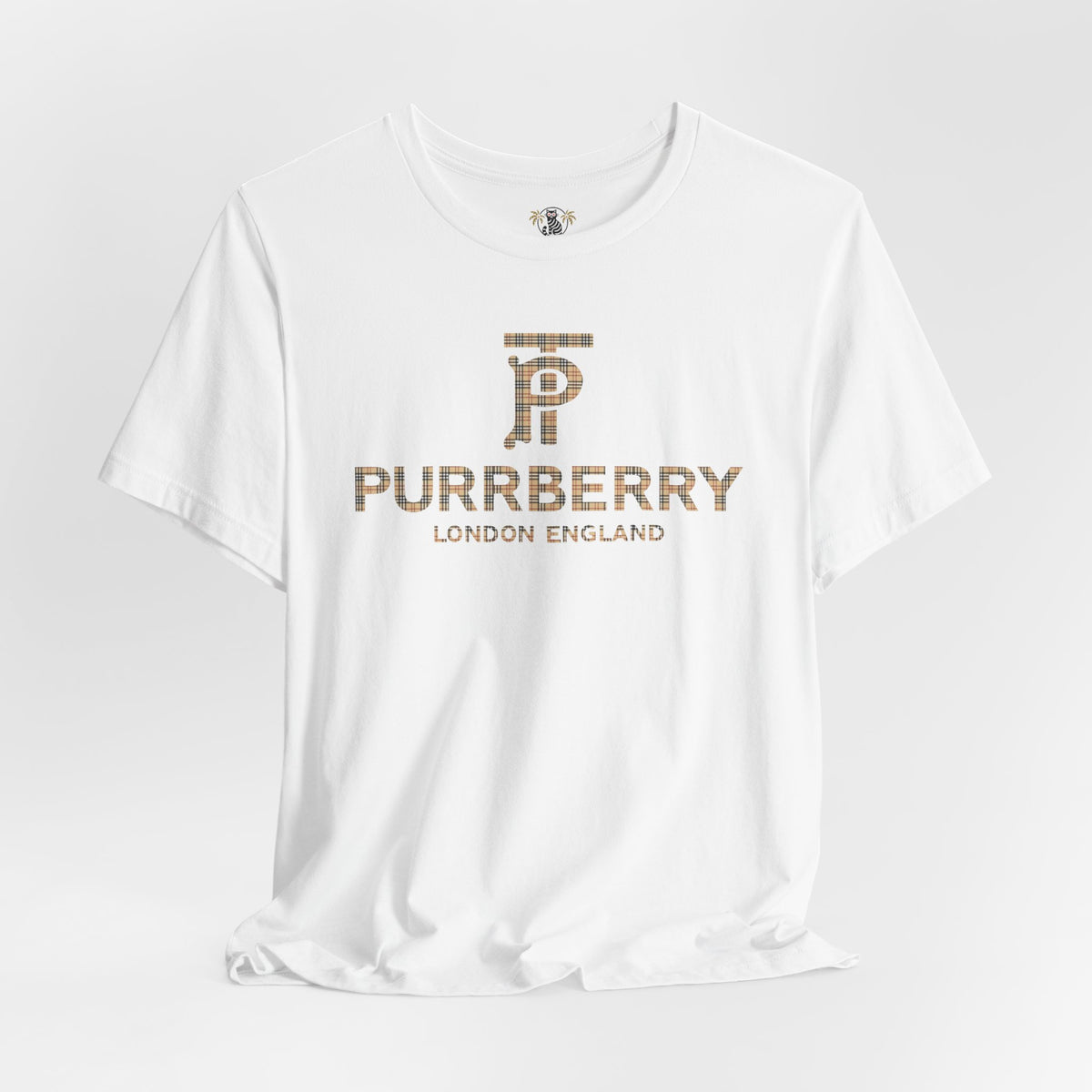 Purrberry London Coat Club Cat Graphic T-Shirt in white, front view