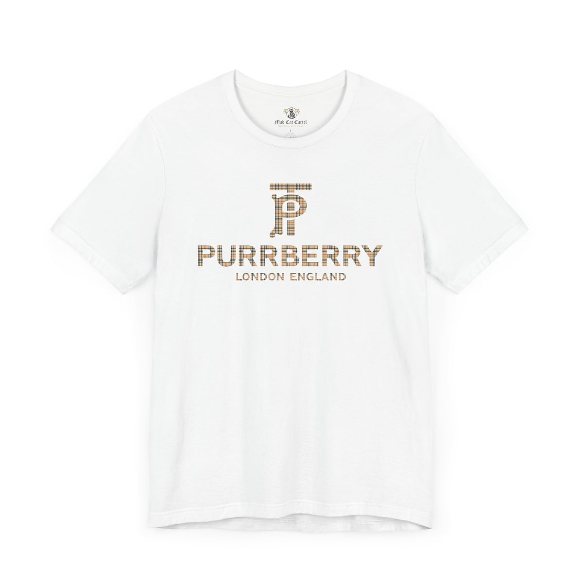Purrberry London Coat Club Cat Graphic T-Shirt in white, front view