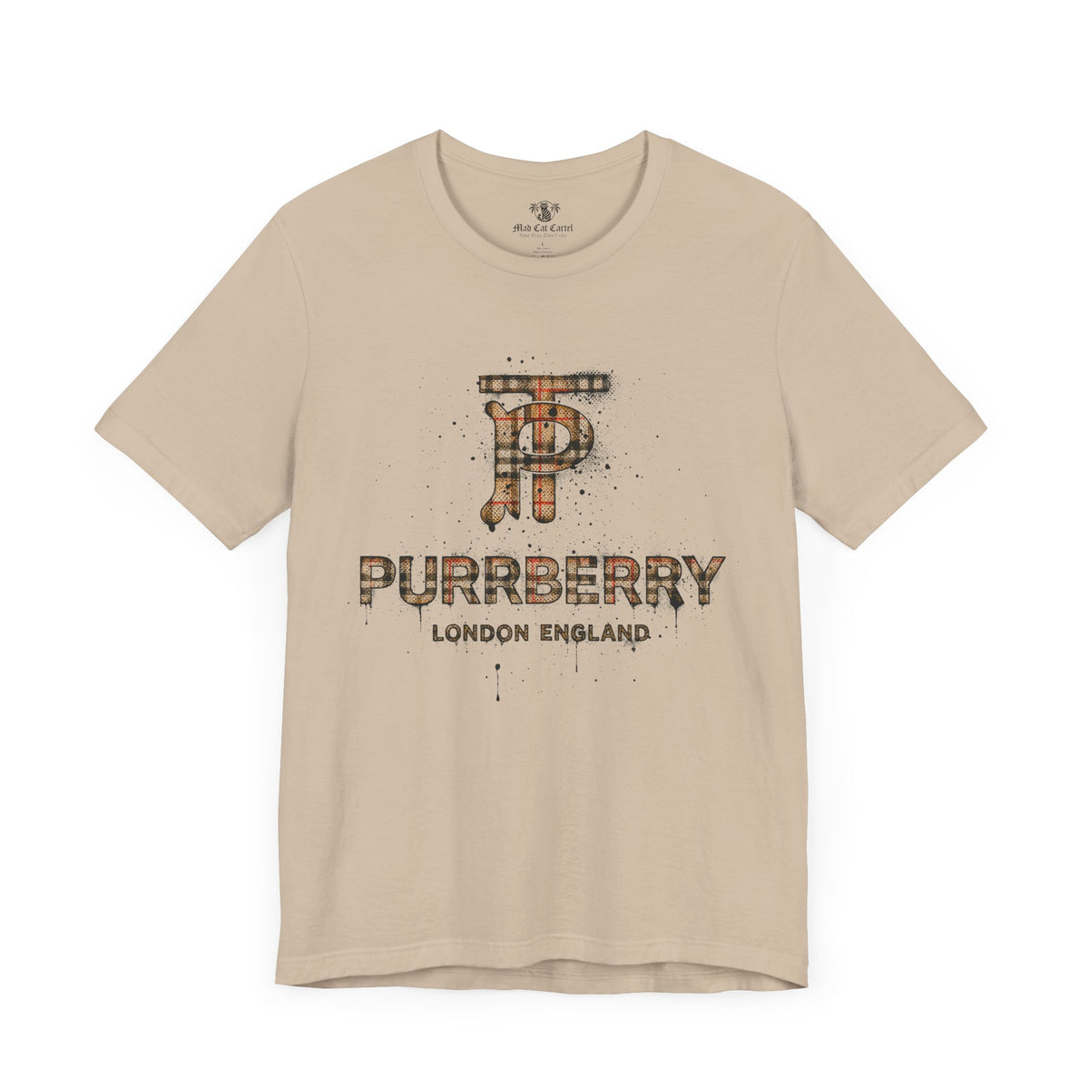 Purrberry London Heritage Spray Cat Graphic T-Shirt in tan, front view