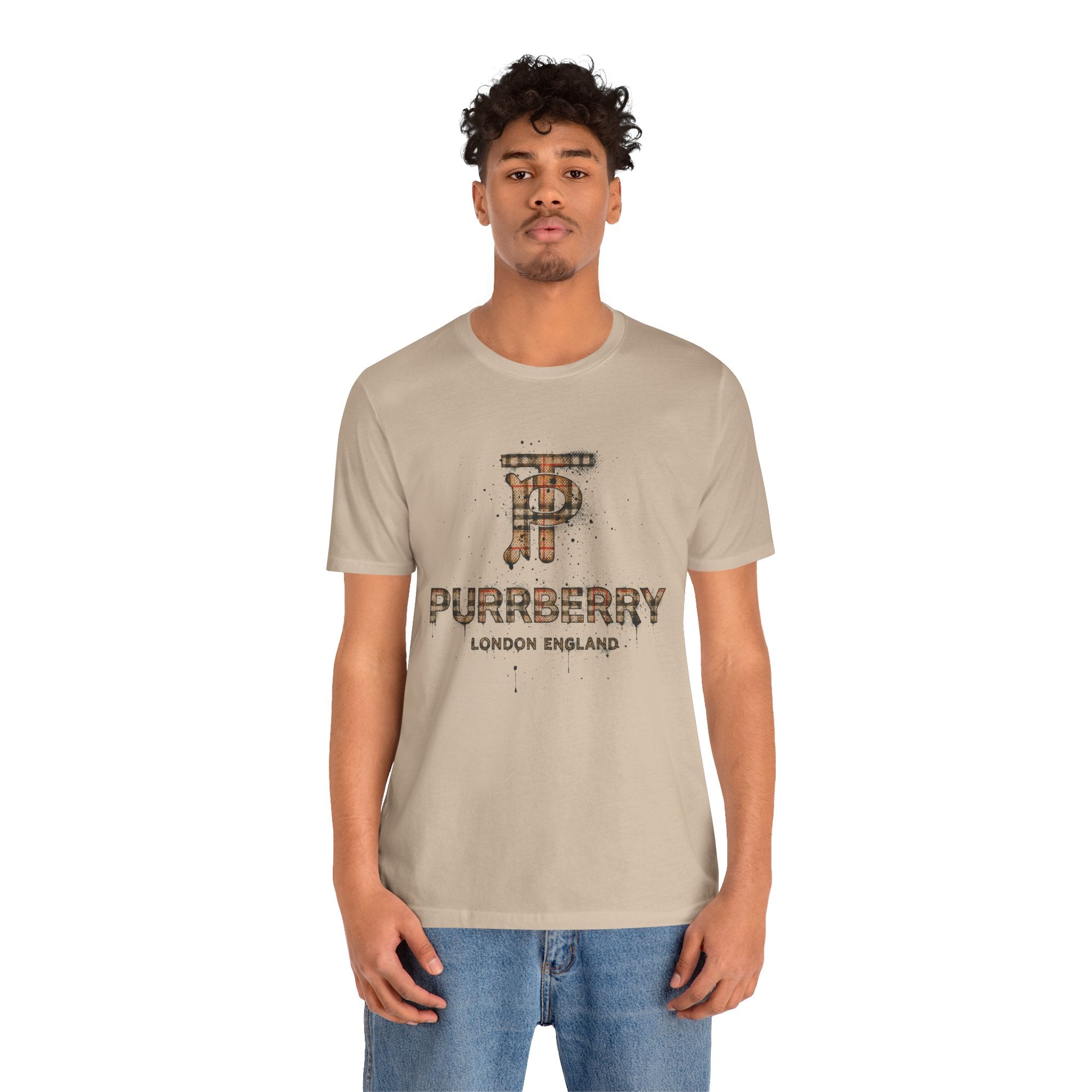 Purrberry London Heritage Spray Cat Graphic T-Shirt in tan, worn by a male model