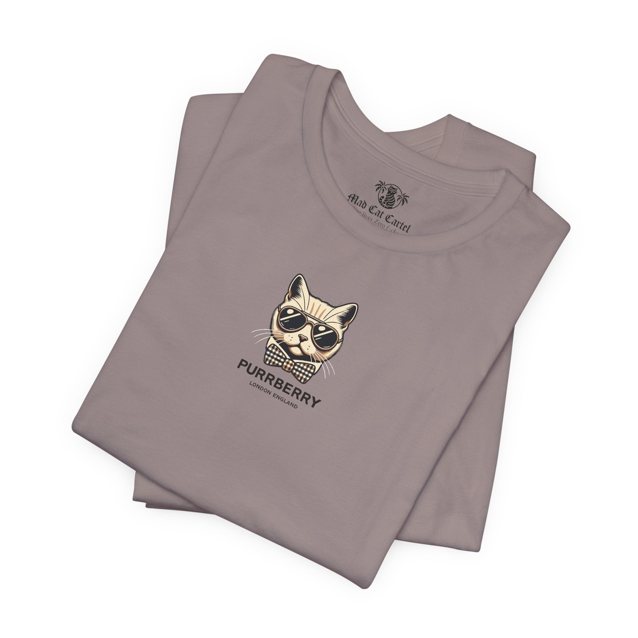 Purrberry London Mini Crest Cat Graphic T-Shirt in pebble brown, folded