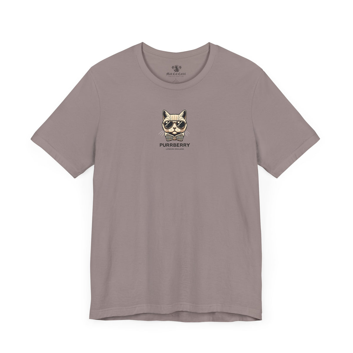 Purrberry London Mini Crest Cat Graphic T-Shirt in pebble brown, front view