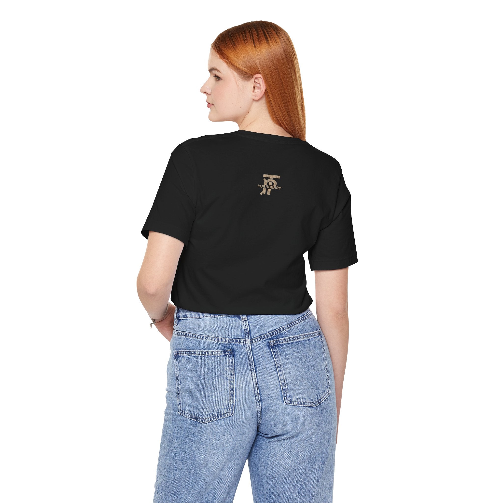 Purrberry The Plaid Cat Graphic Back Logo Black T-Shirt, back view on a female model