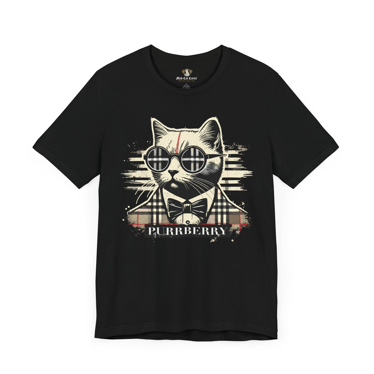 Purrberry The Plaid Cat Graphic Back Logo Black T-Shirt, front view