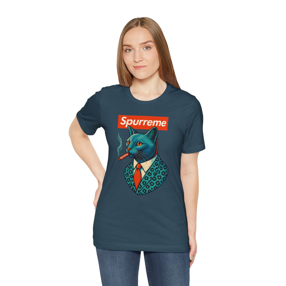 Spurreme Ambassador Cat Graphic T-Shirt in deep teal, worn by a female model