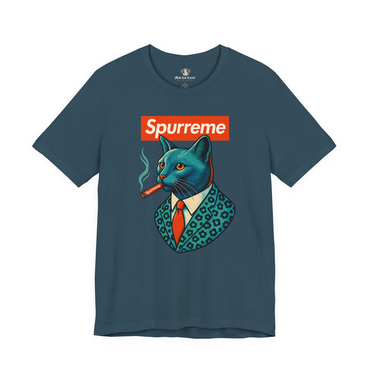 Spurreme Ambassador Cat Graphic T-Shirt in deep teal, flat lay